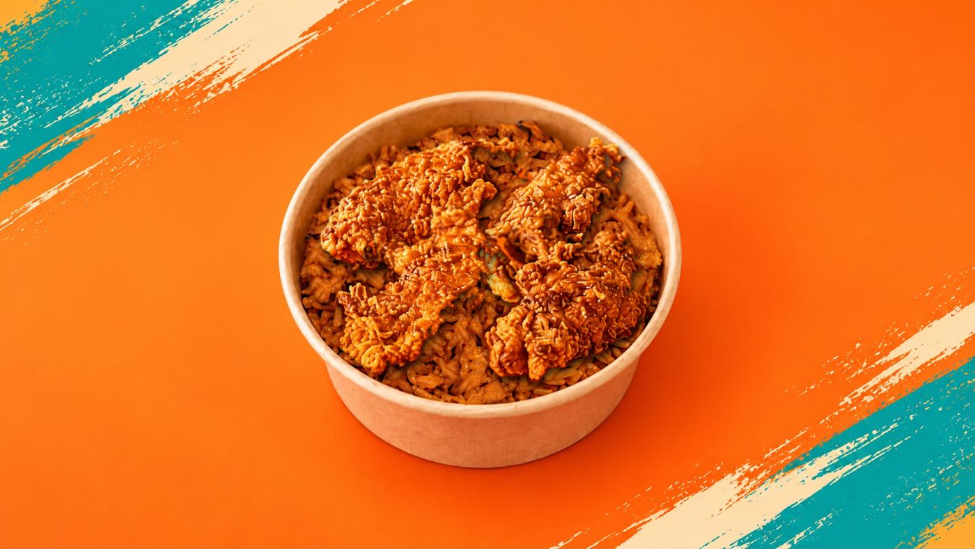 Crispy chicken strips on rice