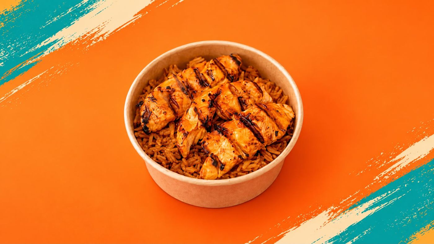 Flame-grilled chicken strips on rice